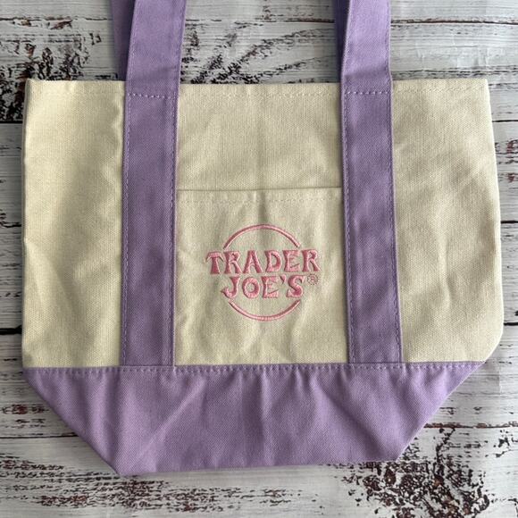 NWT! Trader Joes Purple & Cream Mini Tote Bag - Picture 3 of 7